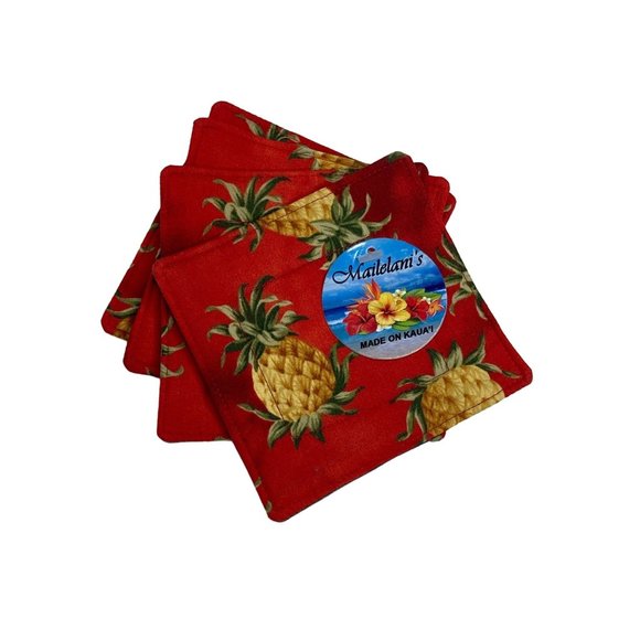 Mailelani's Hawaiian Coasters Red Gold Pineapple Print Green Quilted Vintage - Picture 1 of 9